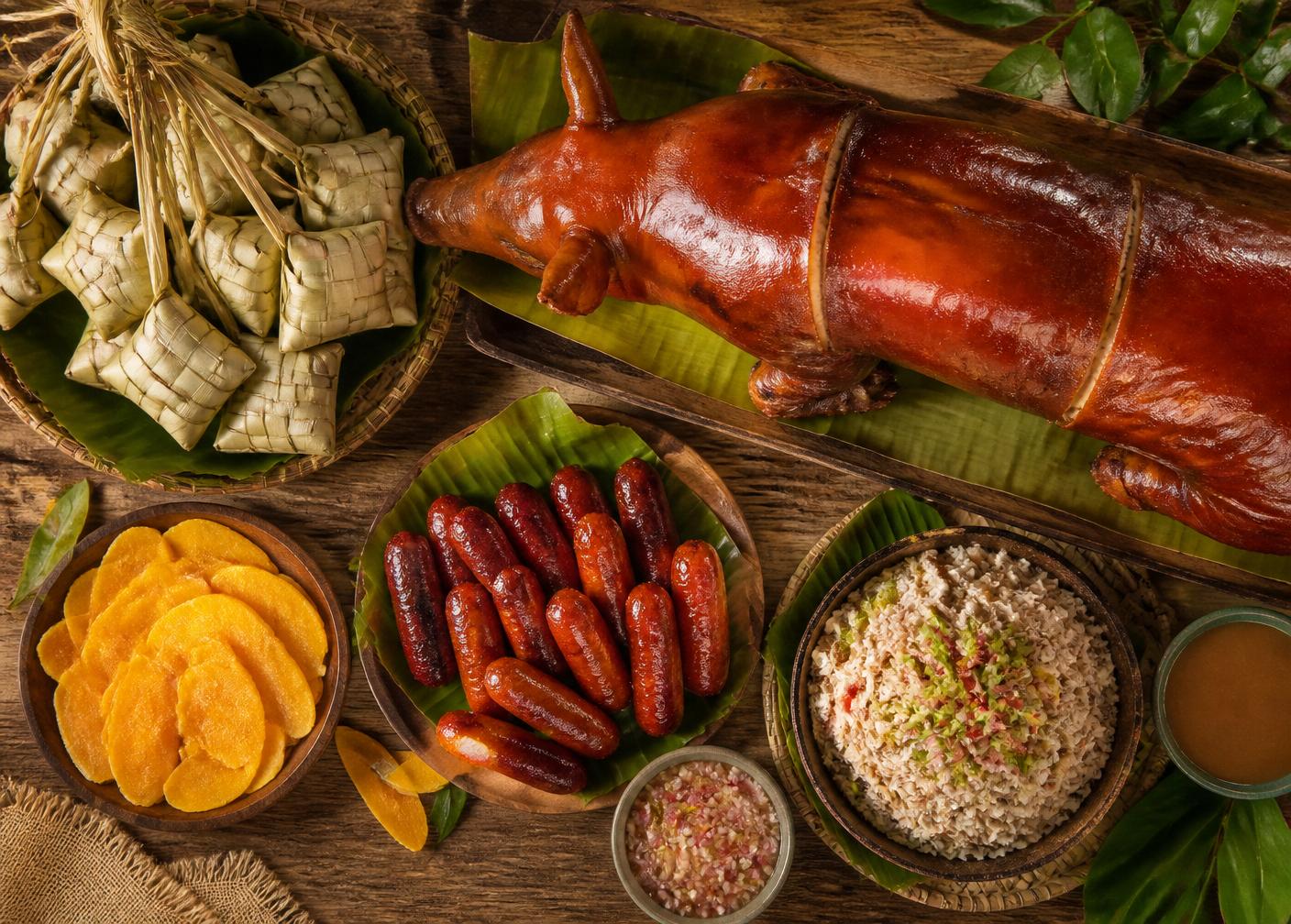 Cebuano feast with lechon, chorizo, puso and dried mangoes