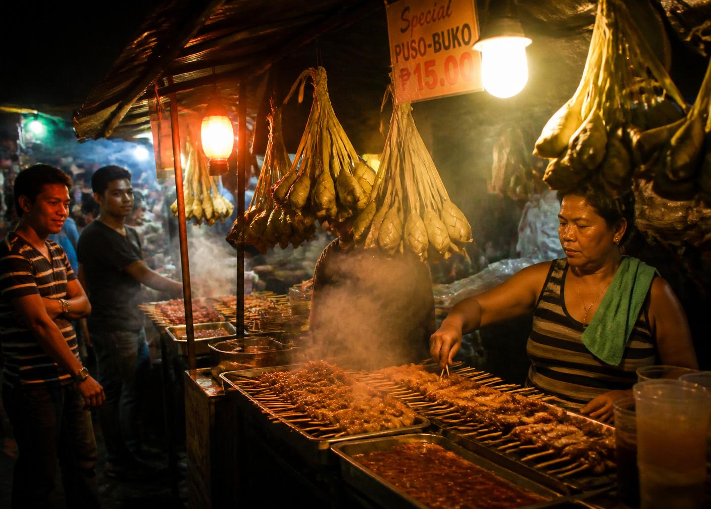 Cebu night market with lanterns and BBQ smoke
